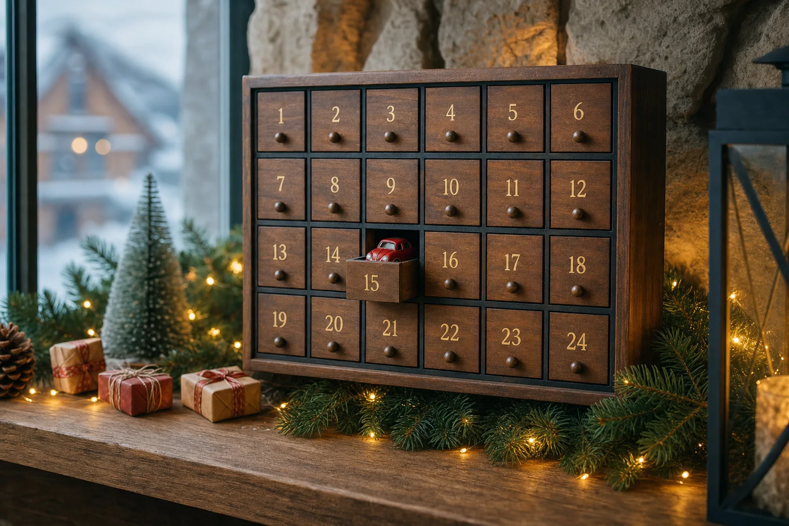 Houten adventskalender met genummerde laatjes tussen kerstgroen en lichtjes