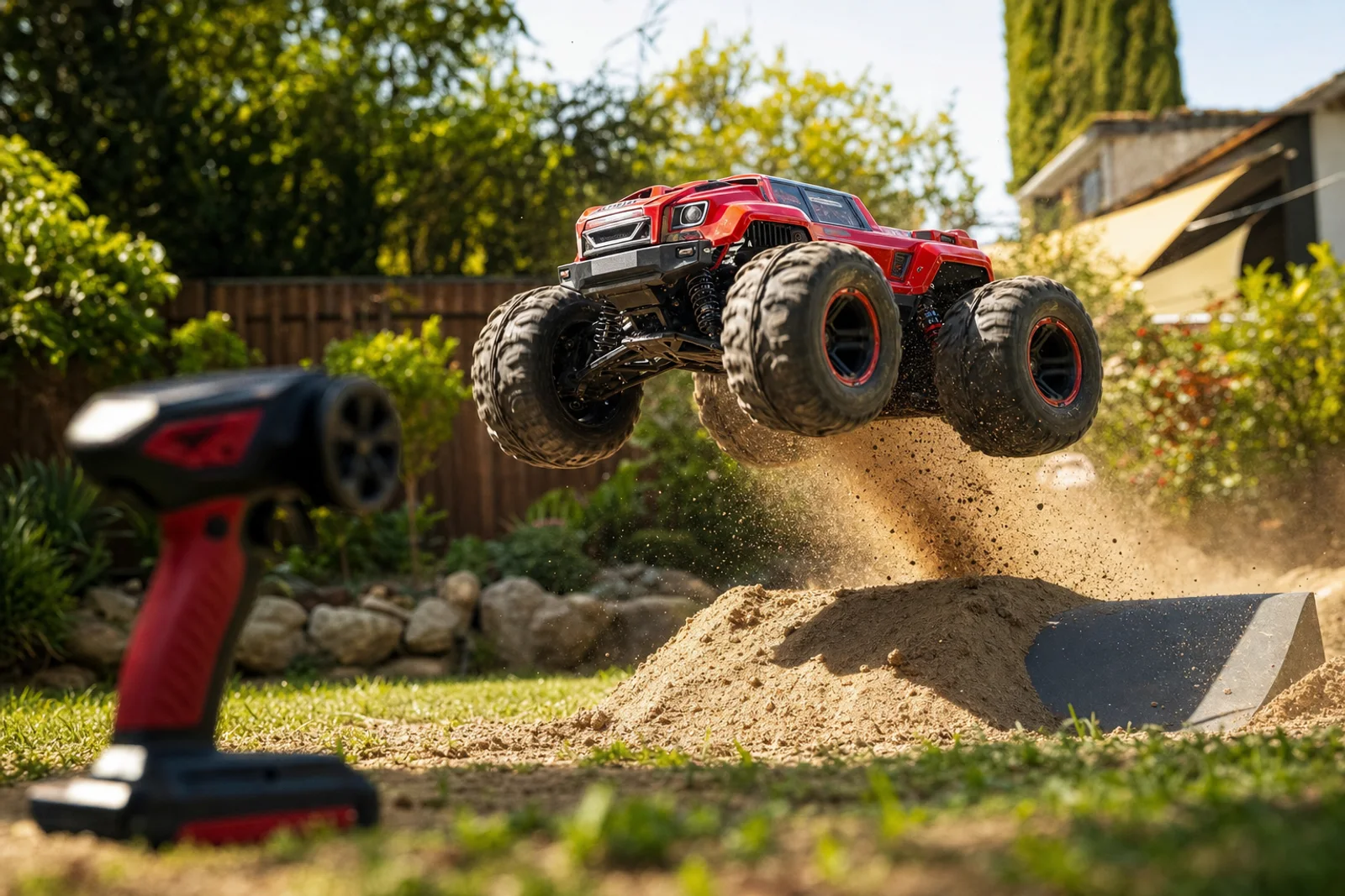 Rode radiografisch bestuurbare monstertruck springt over een zandheuvel in een achtertuin