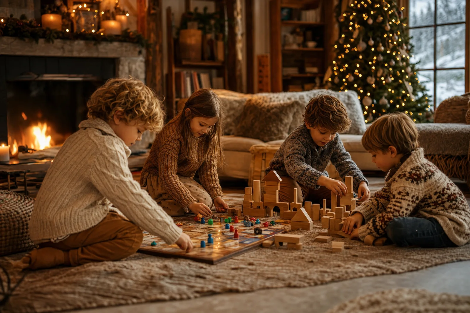 Gezellige woonkamer in de winter met kinderen die een bordspel spelen en bouwen