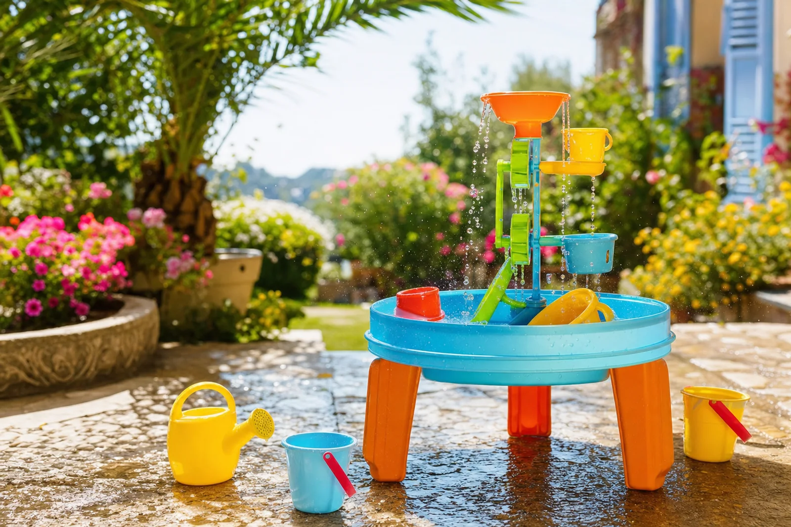 Kleurrijke watertafel met spetterend water, gietertjes en emmertjes in een zonnige tuin