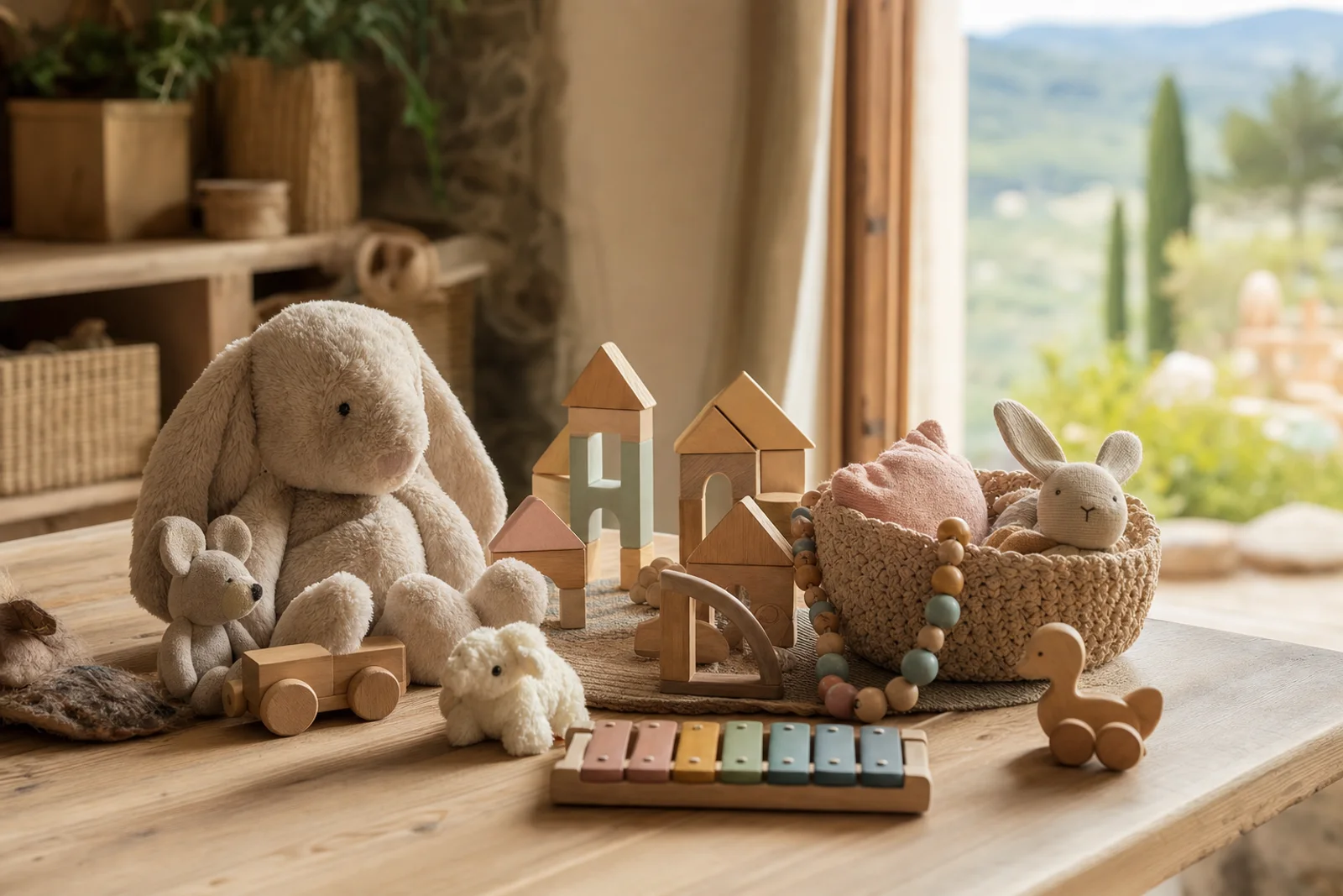 Houten en duurzaam speelgoed met knuffels van natuurlijke stof op een lichte tafel