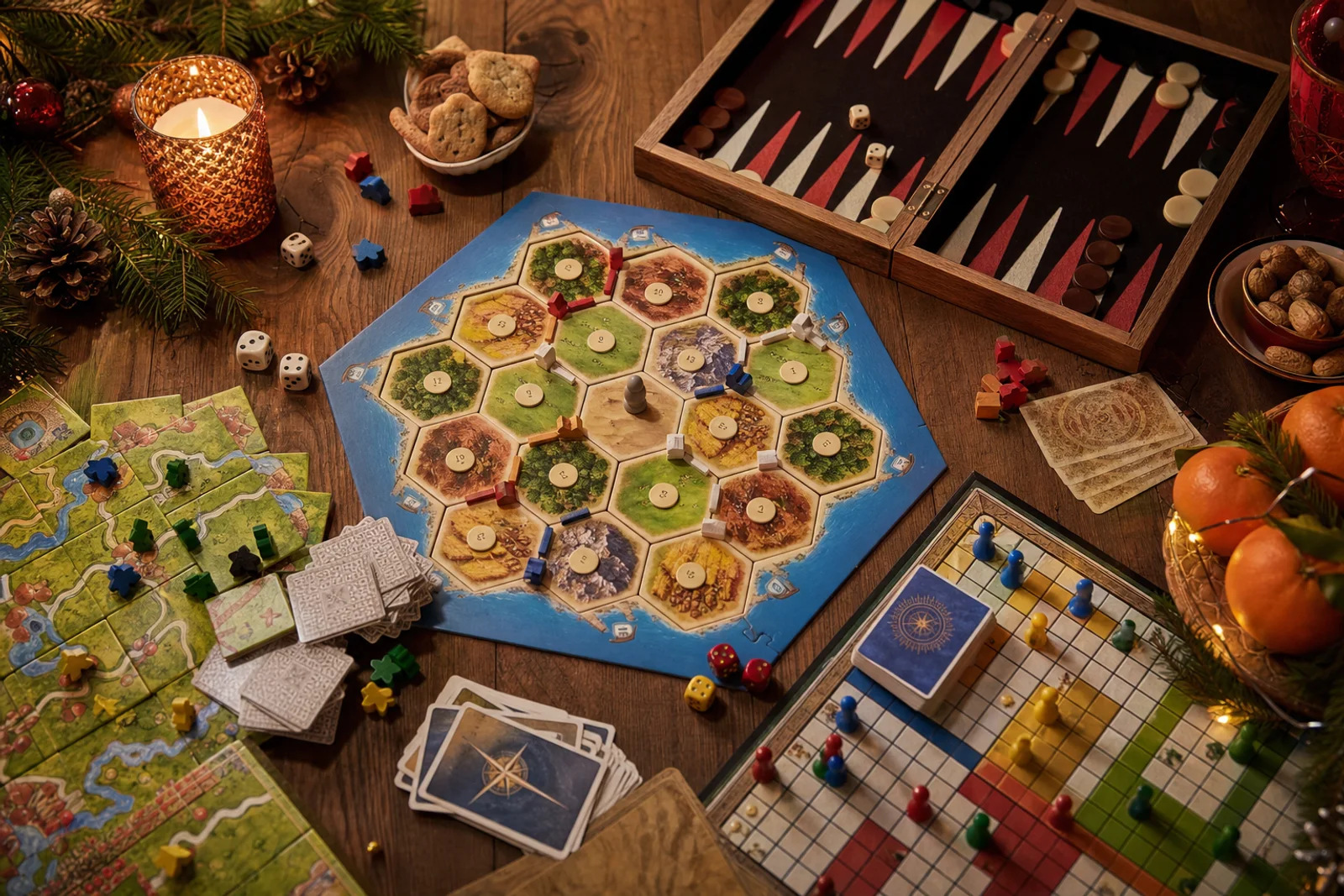 Speltafel met bordspellen, dobbelstenen en kaarten in kerstsfeer