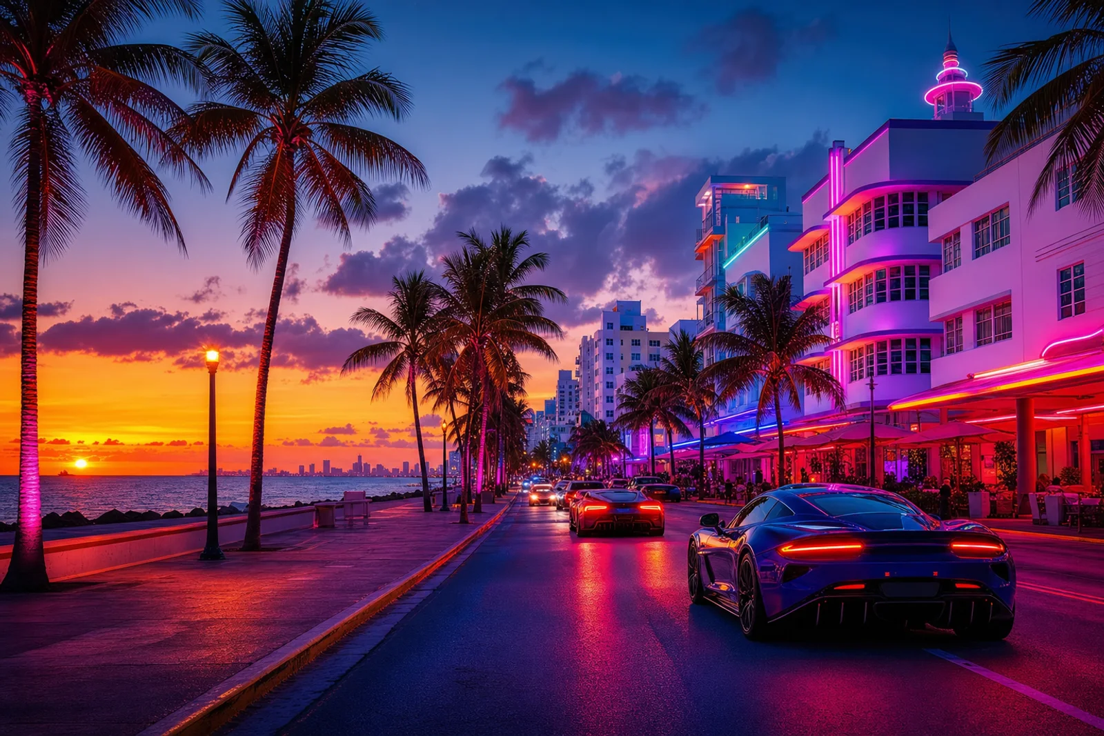 Neon-verlichte kustskyline bij zonsondergang met palmbomen, in de sfeer van Vice City