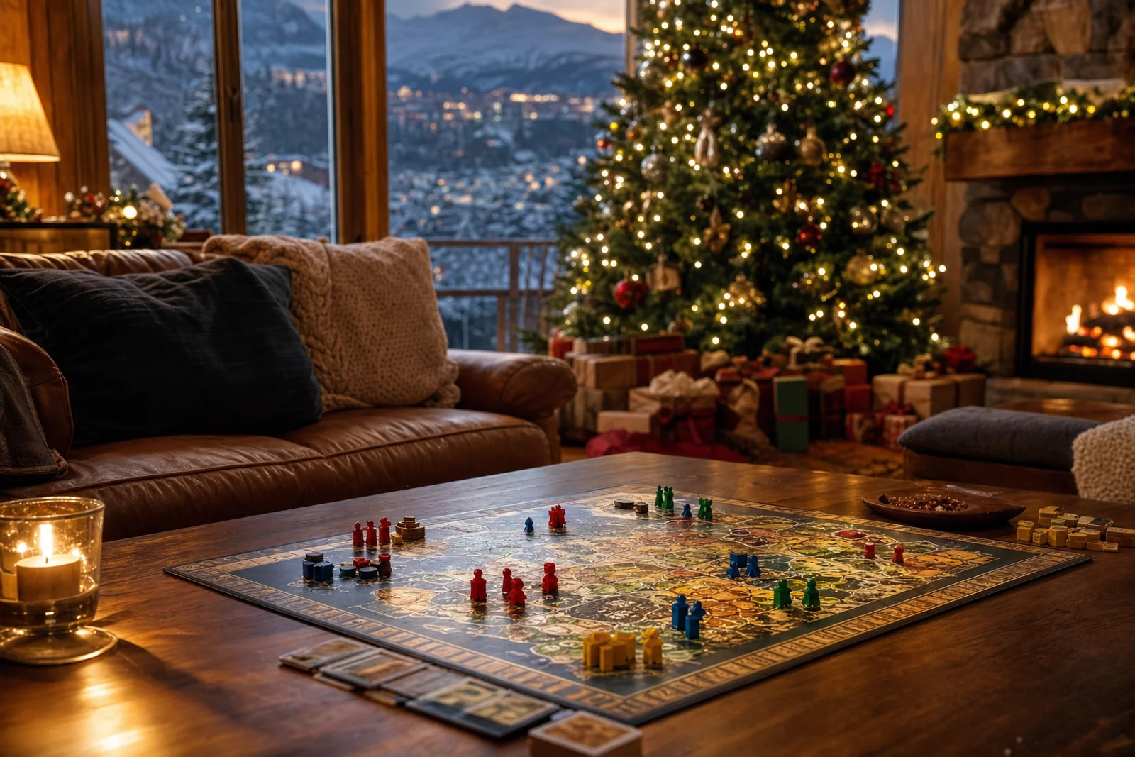 Gezin speelt een bordspel bij de kerstboom met warme lichtjes
