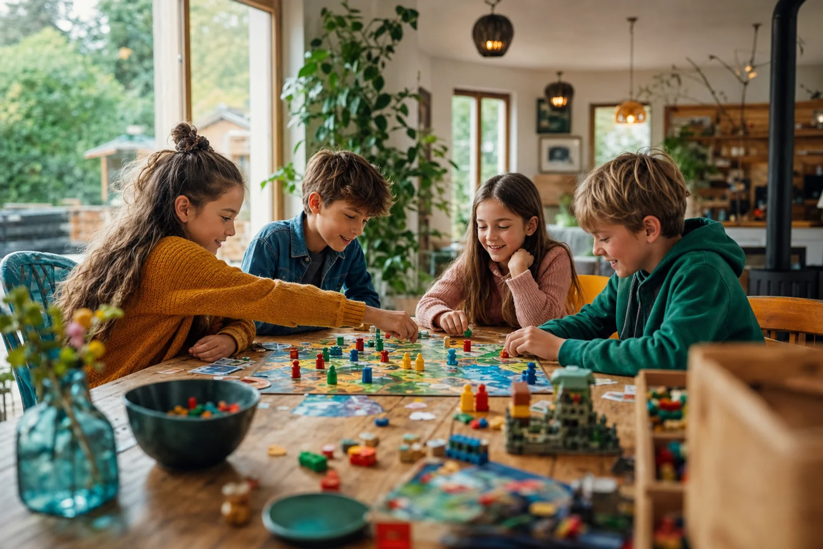 Kinderen spelen samen een bordspel en bouwen aan tafel zonder tablet in zicht