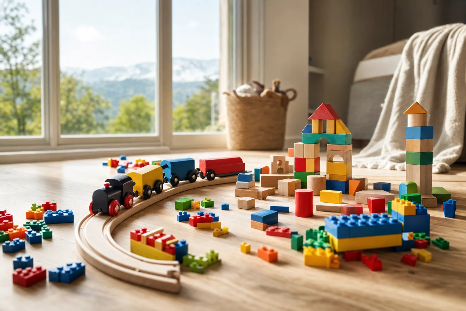 Houten blokken, treinrails en bouwstenen door elkaar op een lichte houten vloer bij een raam