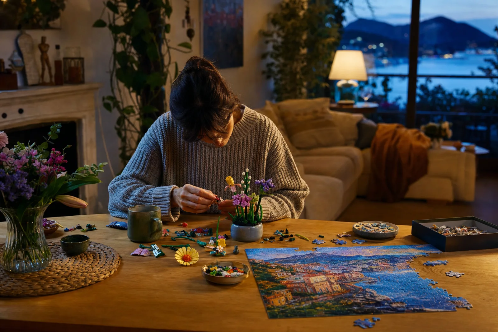 Volwassene bouwt ontspannen aan een LEGO-bloemenset op tafel met een puzzel ernaast